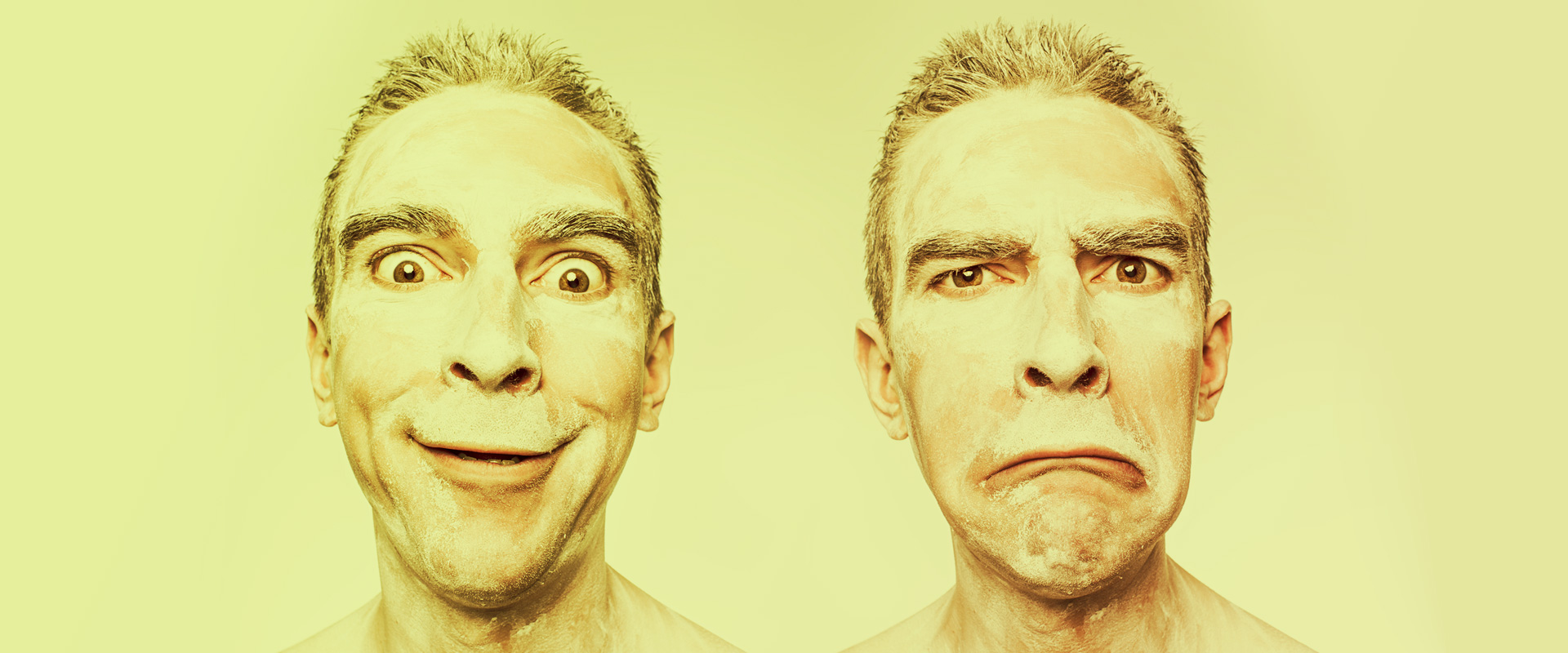 Facial man expression - happy vs angry - famille vs travail